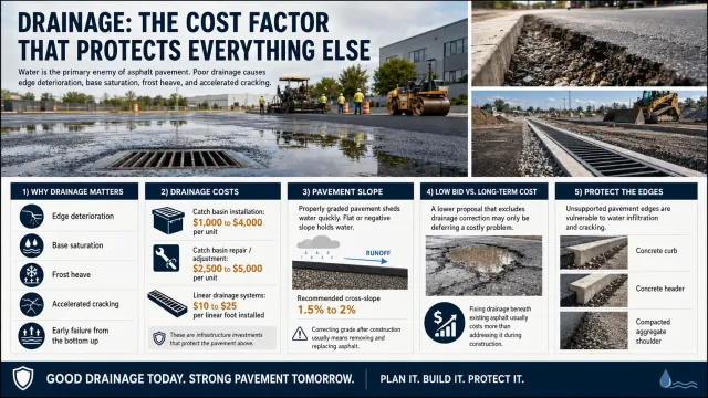 Drainage infographic showing how edge deterioration, base saturation, frost heave, slope and underdrain systems affect asphalt paving costs.