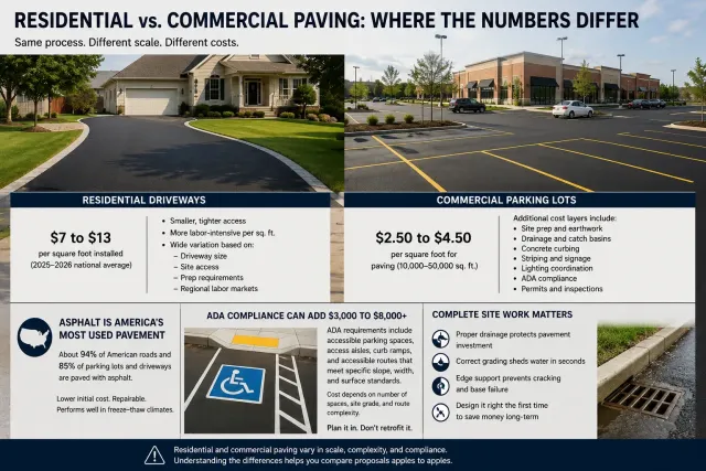 Residential versus commercial asphalt paving cost infographic comparing driveway and parking lot pricing, access, compliance and site work.