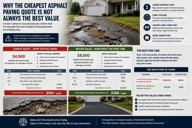 Cost table comparing the cheapest asphalt paving quote with better-value work — upfront price, hidden failures, yearly cost and long-term repair risk.