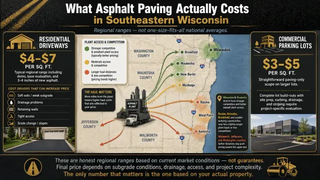Regional asphalt paving cost infographic for Southeastern Wisconsin showing driveway and parking lot price ranges on a local service area map.