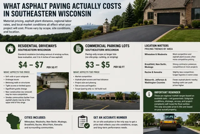 Southeastern Wisconsin asphalt paving cost guide comparing residential driveway and commercial parking lot pricing with local market factors.