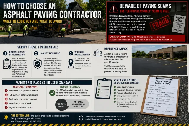 Contractor selection infographic warning about paving scams, low bids, leftover asphalt claims, missing insurance and vague written scope.
