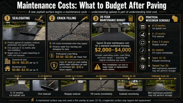 Maintenance cost infographic showing what to budget after asphalt paving for sealcoating, crack filling, resurfacing and long-term pavement care.