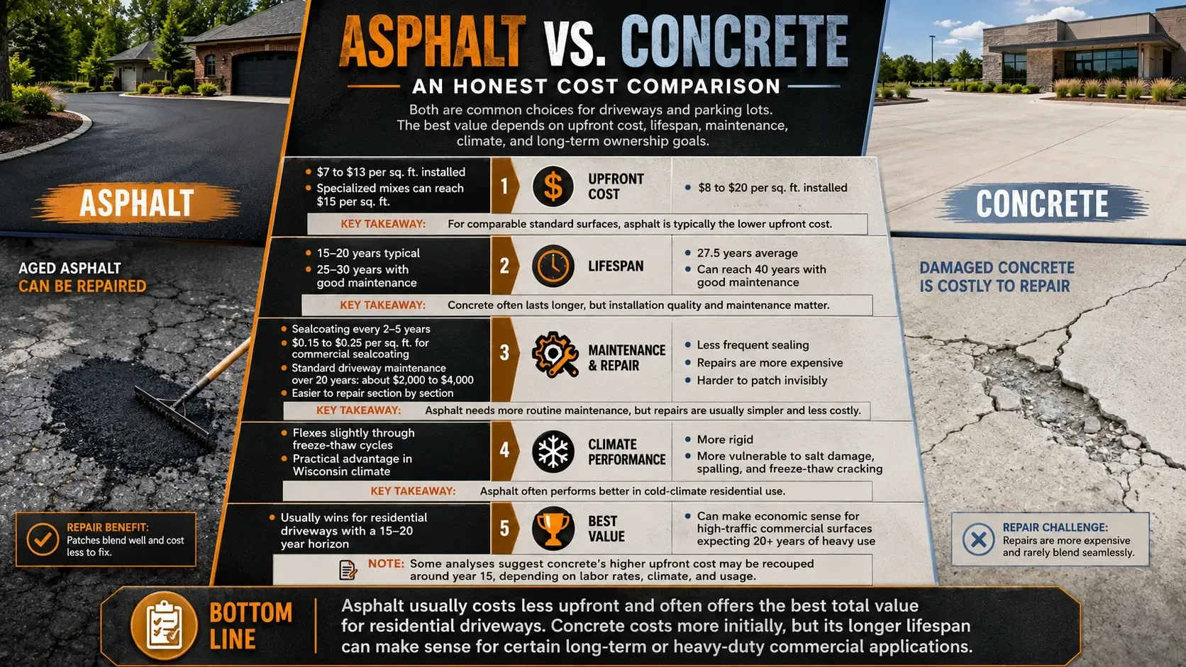 Infographic comparing asphalt vs concrete for driveways and parking lots — upfront cost, lifespan, maintenance, climate performance, and best value.