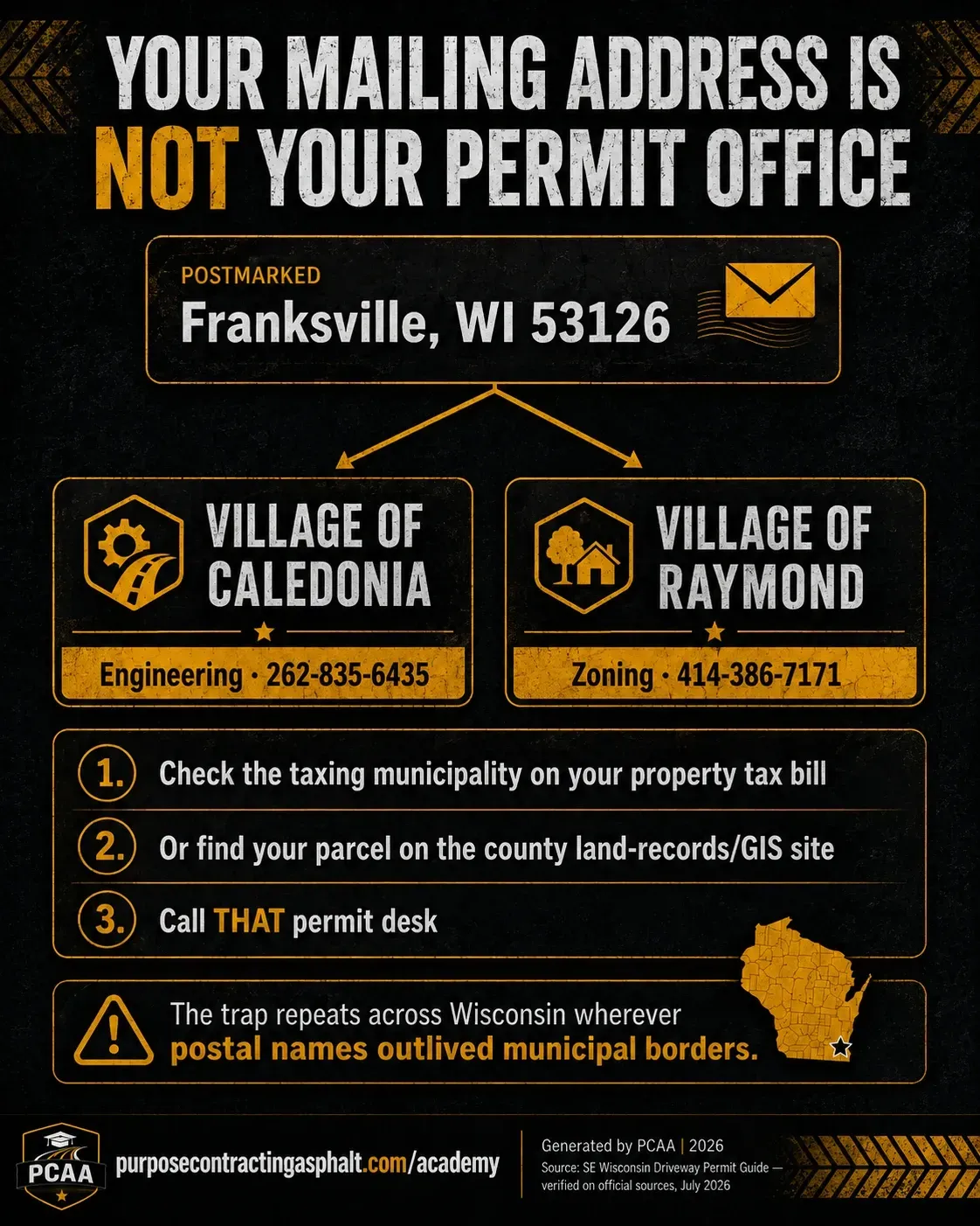 Diagram showing that a Franksville, Wisconsin mailing address can belong to either the Village of Caledonia or the Village of Raymond, so the property tax bill identifies the real permit office.