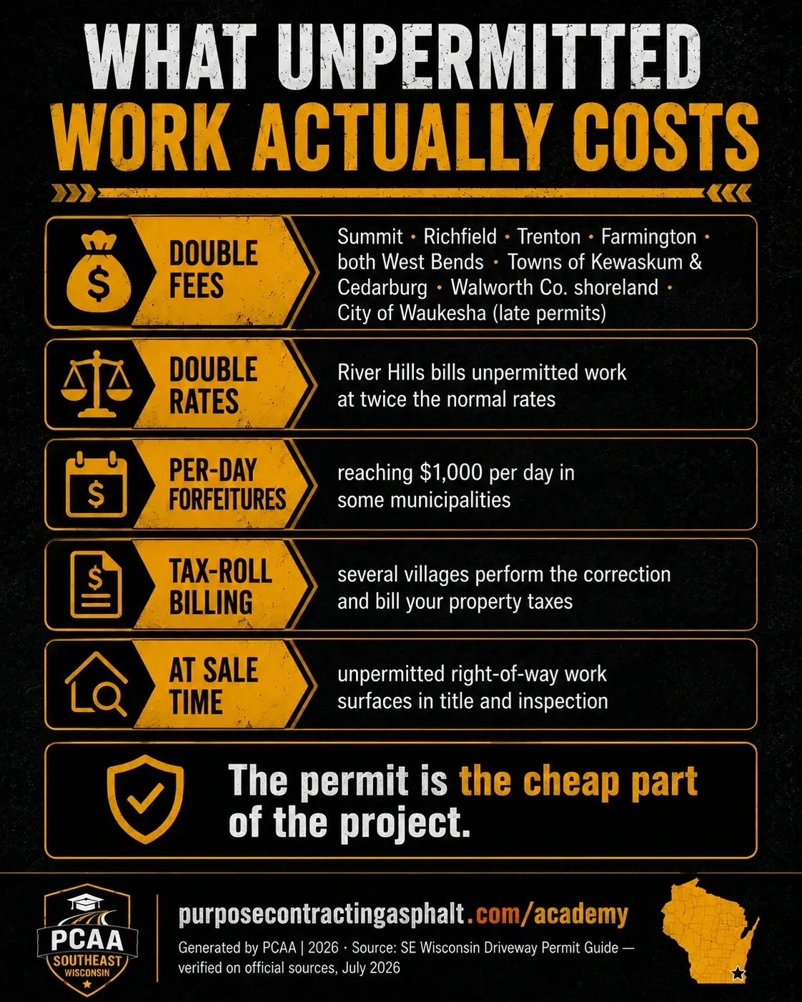 Penalties for unpermitted driveway work in Southeastern Wisconsin, including doubled fees, double billing rates, per-day forfeitures up to $1,000, and tax-roll billing.