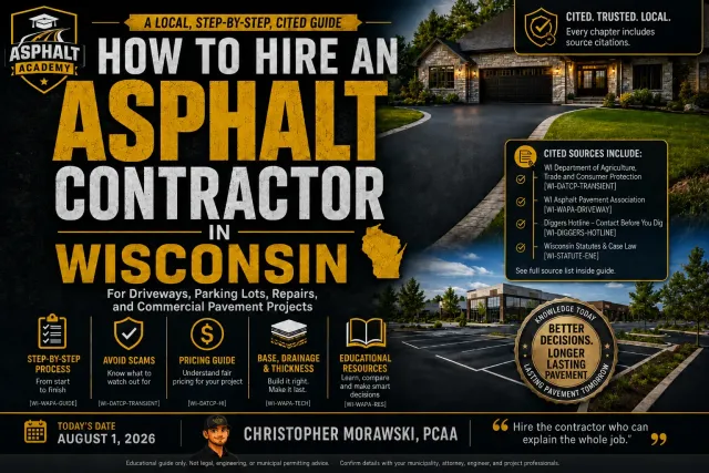 Asphalt Academy guide cover on how to hire an asphalt contractor in Wisconsin for driveways, parking lots, and repairs, with cited sources for Muskego, WI property owners.