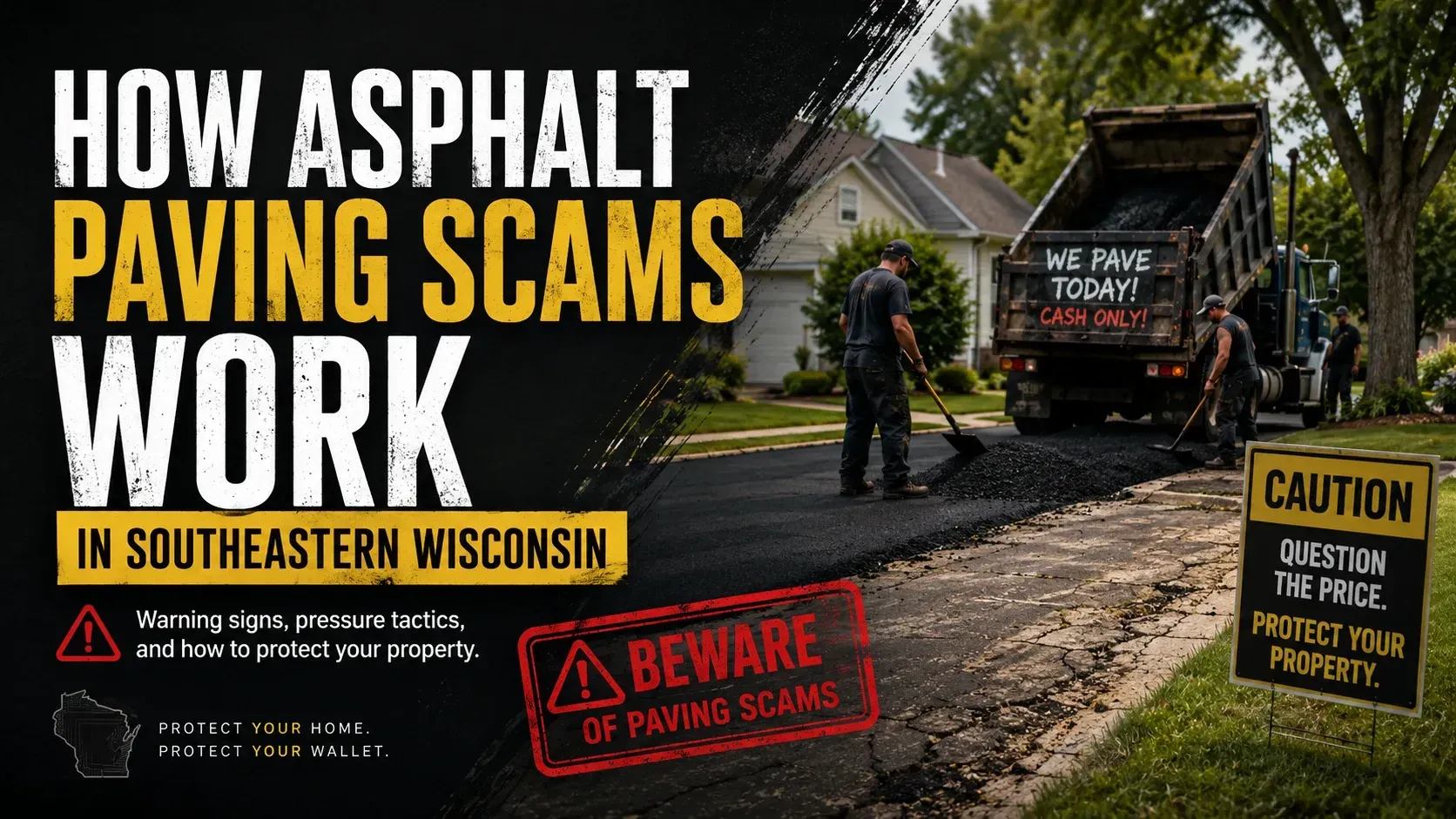 Infographic: how asphalt paving scams work in southeastern Wisconsin — warning signs, pressure tactics, and how to protect yourself