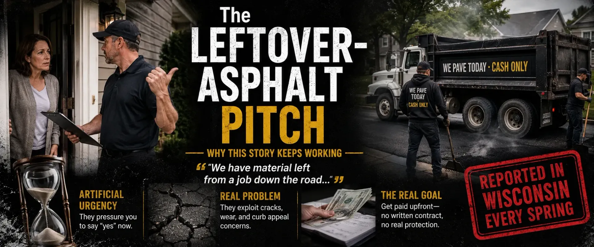 Wisconsin asphalt paving scam illustration showing door-to-door contractor pitching leftover asphalt materials to a hesitant homeowner at residential driveway with a cash-only paving truck waiting — the leftover-asphalt pitch scam reported across southeastern Wisconsin every spring by DATCP, BBB, and local police.