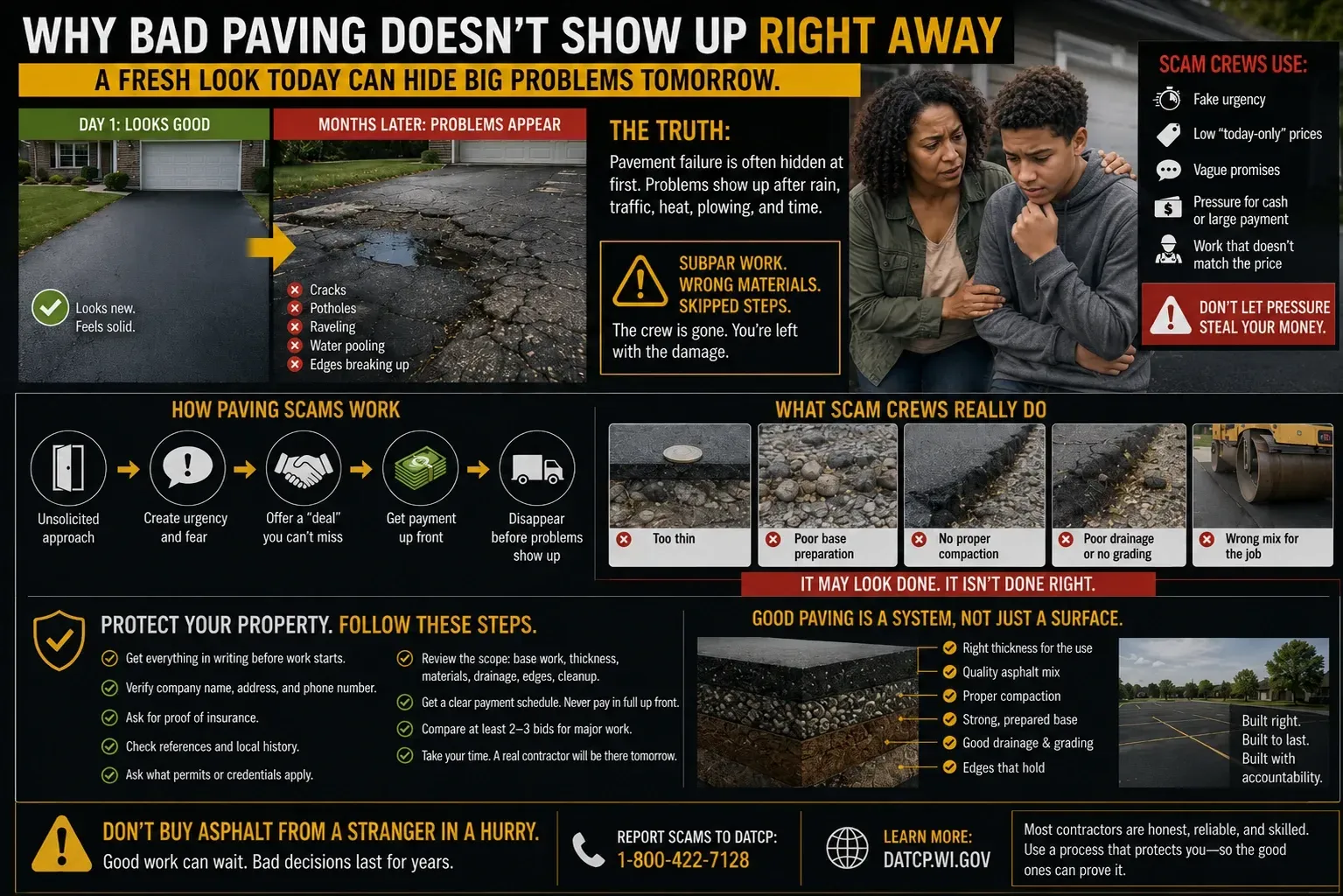Infographic explaining why bad asphalt paving may look fine at first but fail later after rain, traffic, heat, plowing, or time. It compares a fresh-looking driveway with later cracks, potholes, raveling, water pooling, poor base preparation, thin asphalt, poor drainage, and other scam warning signs.