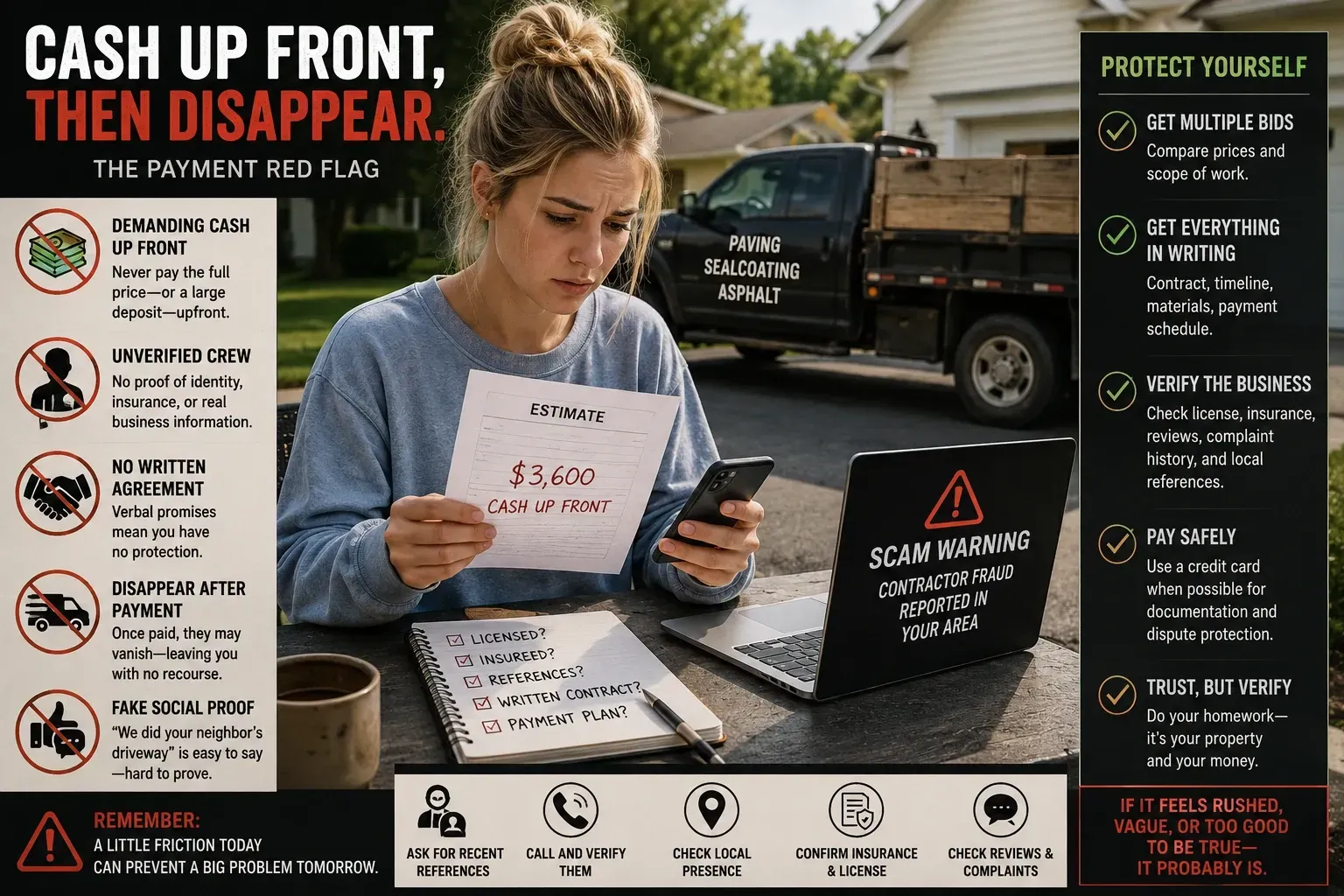 Infographic titled “Cash up front, then disappear: the payment red flag,” showing a worried young woman holding an estimate marked for cash up front while checking her phone at a table. Behind her is a paving truck, and the graphic lists warning signs such as demanding cash upfront, unverified crews, no written agreement, and disappearing after payment, as well as steps to protect yourself by getting bids, verifying the business, using written contracts, and paying safely.