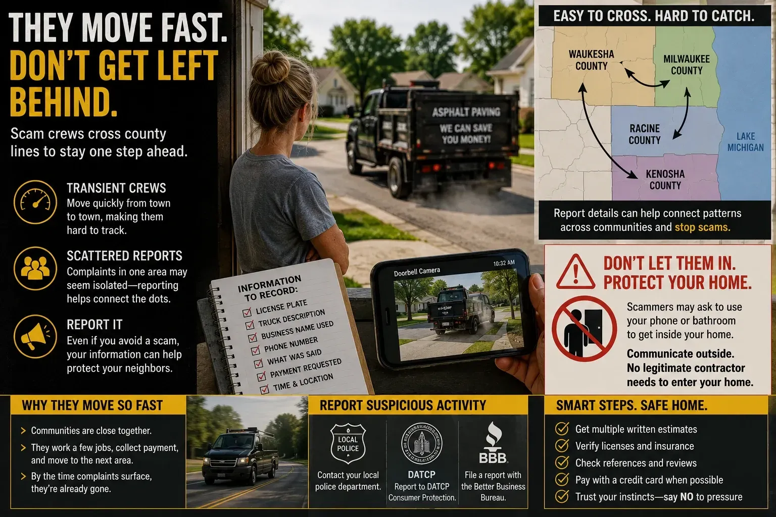Asphalt paving scam awareness infographic for southeastern Wisconsin homeowners showing woman watching a cash-only paving truck leave her driveway, county map of scam activity across Waukesha, Milwaukee, Racine and Kenosha counties, doorbell camera footage of suspicious crew, and a checklist of information to record — how to report transient paving scam crews to local police, DATCP, and the BBB to protect your home and neighbors.