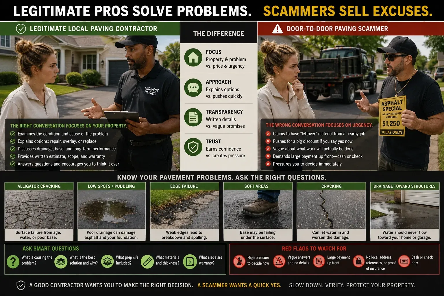 Infographic for Southeast Wisconsin homeowners comparing a legitimate local paving contractor with a door-to-door paving scammer, relevant to Milwaukee, Kenosha, and Racine Counties. On the left, a professional contractor calmly speaks with a homeowner and explains the property’s pavement problems, written options, transparency, and trust; on the right, a scammer stands near a truck making a rushed “asphalt special” pitch, emphasizing urgency, vague promises, cash pressure, and excuses instead of clear documentation. Along the bottom, the graphic also shows common pavement issues—including alligator cracking, low spots or puddling, edge failure, soft areas, cracking, and drainage toward a structure—and reminds readers to ask smart questions and watch for red flags.