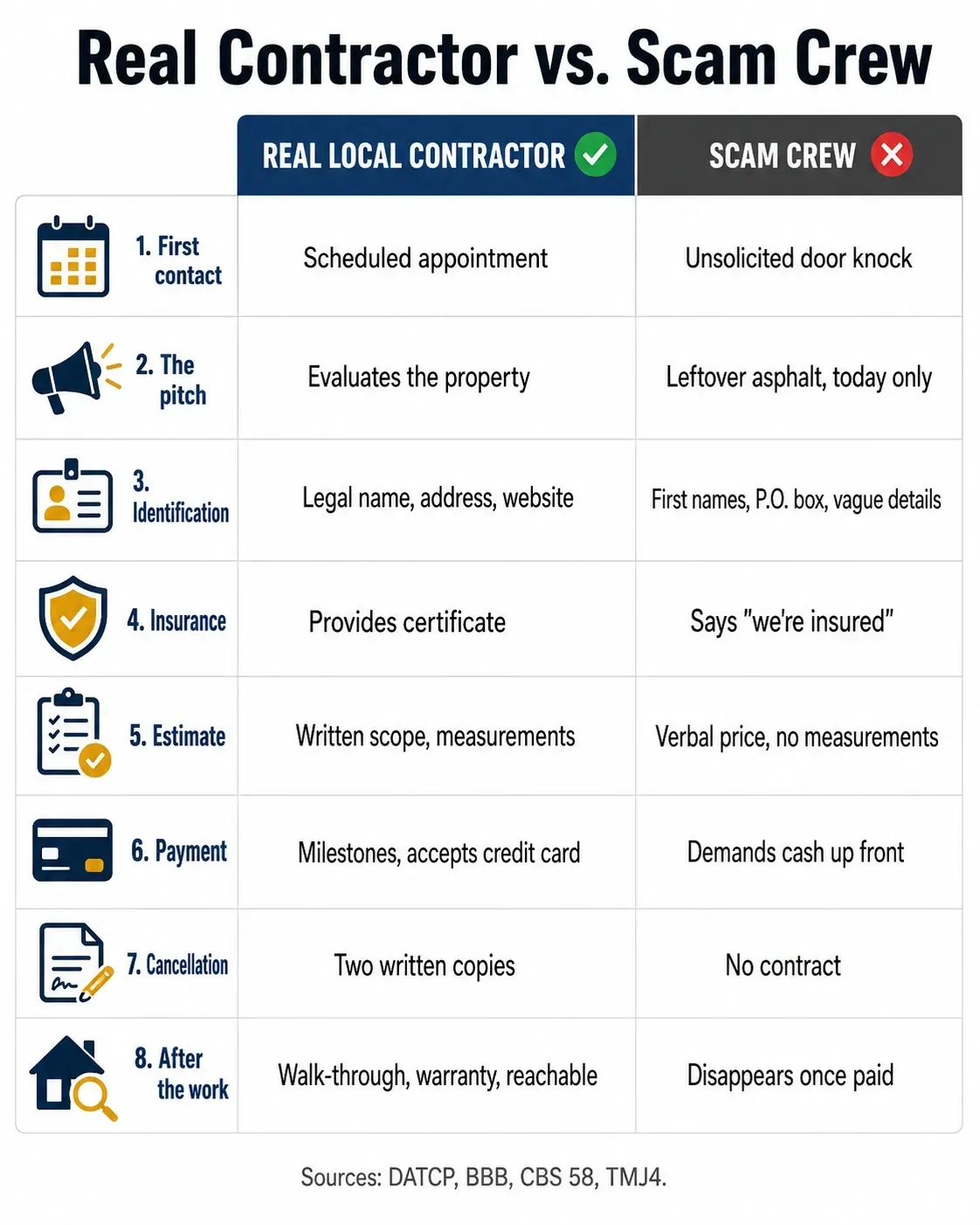 Infographic titled “Real Contractor vs. Scam Crew,” sourced to DATCP, BBB, CBS 58, and TMJ4, comparing signs of a legitimate paving contractor with warning signs of a scam crew. It says real local contractors schedule appointments, evaluate the property, provide legal business information, insurance certificates, written estimates, milestone payments, cancellation paperwork, and remain reachable after the work, while scam crews may knock unsolicited, claim leftover asphalt, give vague identification, avoid proof of insurance, quote verbally, demand cash upfront, provide no contract, and disappear after payment.