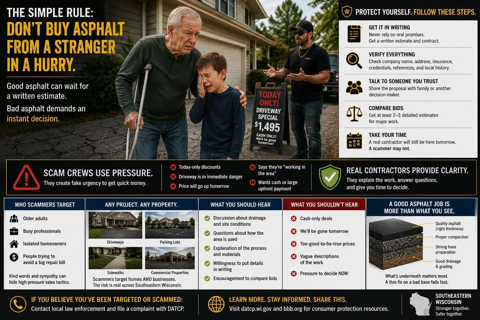 Asphalt paving fraud prevention infographic for Southeastern Wisconsin — The Simple Rule: Don't buy asphalt from a stranger in a hurry — showing scam pressure tactics, who scammers target, what you should and shouldn't hear, and five steps to protect yourself