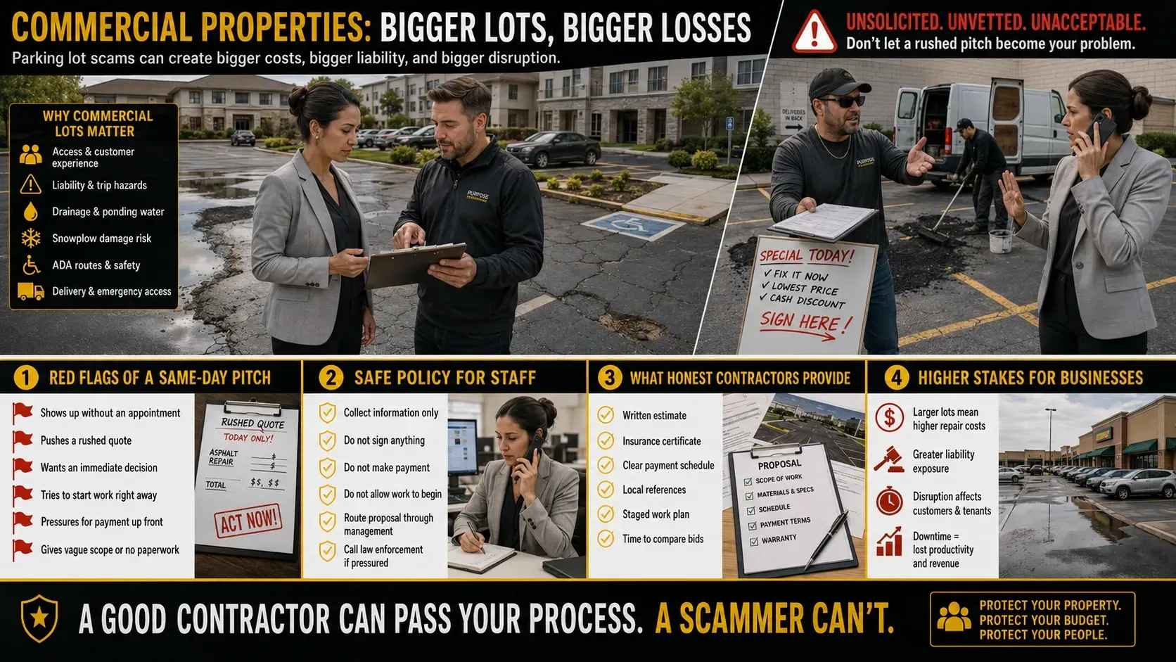 Infographic for Southeast Wisconsin commercial property owners warning about parking lot paving scams in areas such as Milwaukee, Racine, Kenosha, and Waukesha County. It compares a legitimate contractor discussing written estimates, insurance, scheduling, and pavement problems with a scam crew using high-pressure “today only” offers, rushed decisions, and vague promises, while also explaining red flags, safe staff procedures, and the higher risks bad paving creates for businesses, liability, drainage, and customer access.