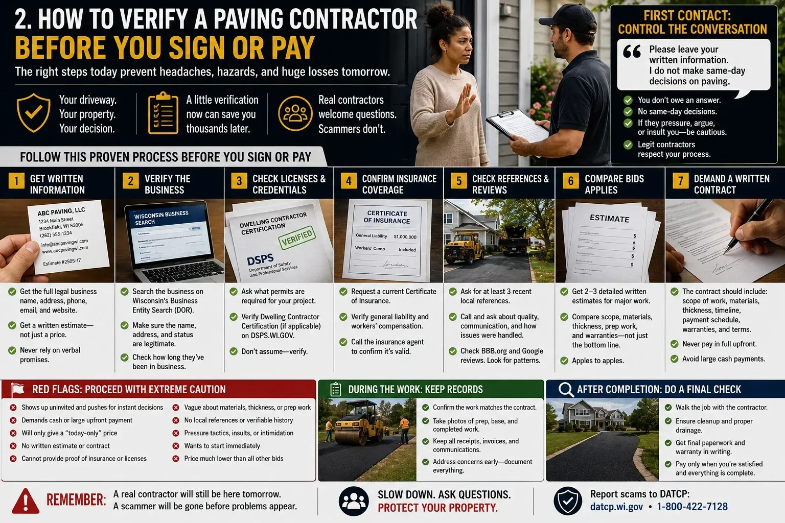 Educational infographic showing a step-by-step process for checking an asphalt paving contractor before signing a contract or making a payment. The graphic walks homeowners through reviewing written estimates, verifying business information, checking Wisconsin licenses and insurance, comparing bids, reading contracts carefully, keeping records during the project, and performing a final inspection after completion, while also warning about red flags such as cash demands, vague pricing, pressure tactics, and no written paperwork.