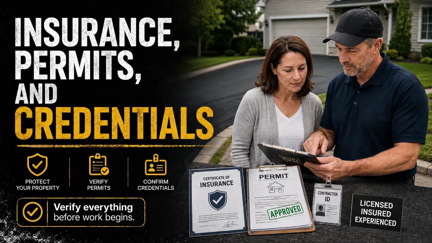 Asphalt paving contractor credential verification guide showing homeowner reviewing certificate of insurance, approved permit, and contractor ID with a licensed paving contractor at a residential driveway — how to verify insurance, permits, and credentials before hiring an asphalt paving company in Wisconsin to protect your property from fraud and shoddy work.