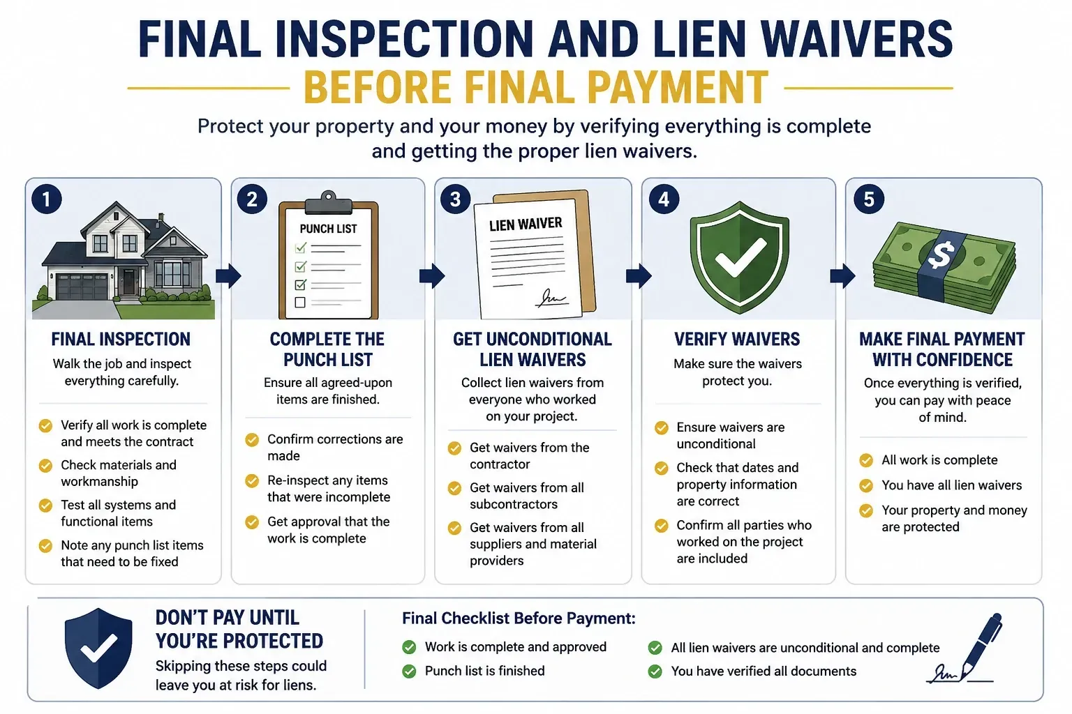 Five-step infographic for Wisconsin homeowners on completing a final inspection, finishing the punch list, collecting unconditional lien waivers from the contractor and all subcontractors, verifying waivers, and making final payment with confidence