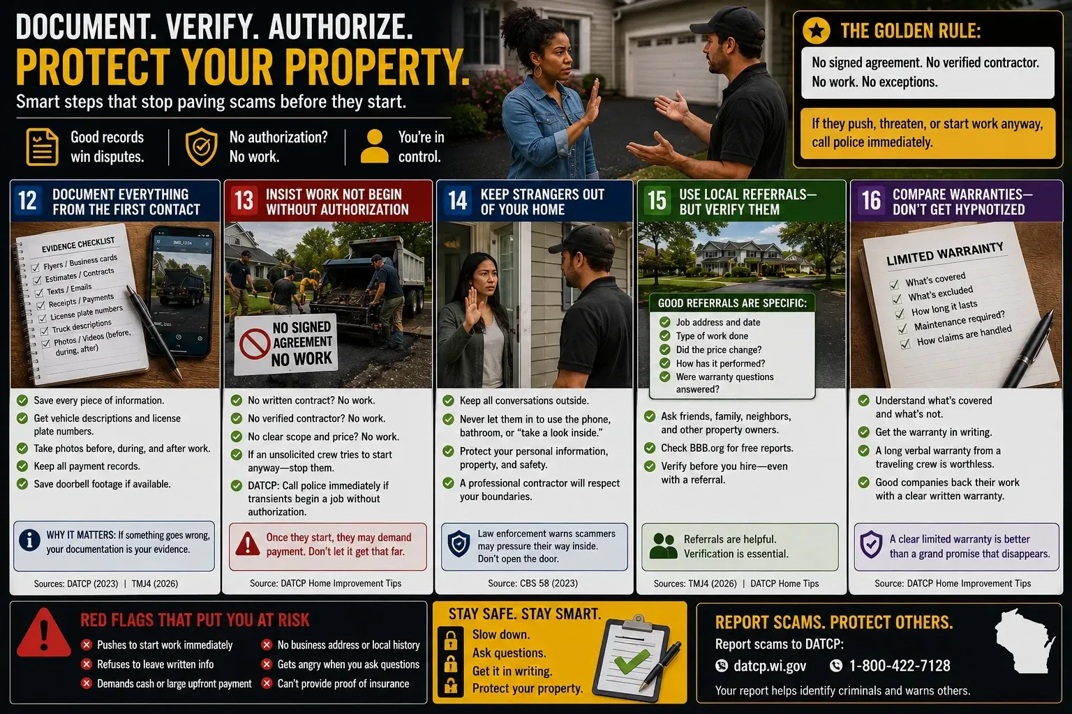 Public-awareness infographic teaching homeowners how to document suspicious paving activity, prevent unauthorized asphalt work, protect personal safety, and verify contractor referrals before hiring. The graphic explains why written agreements, documented communication, local references, limited warranties, and refusing entry to unknown workers can help Wisconsin residents avoid paving scams and protect their homes, families, and property investments.