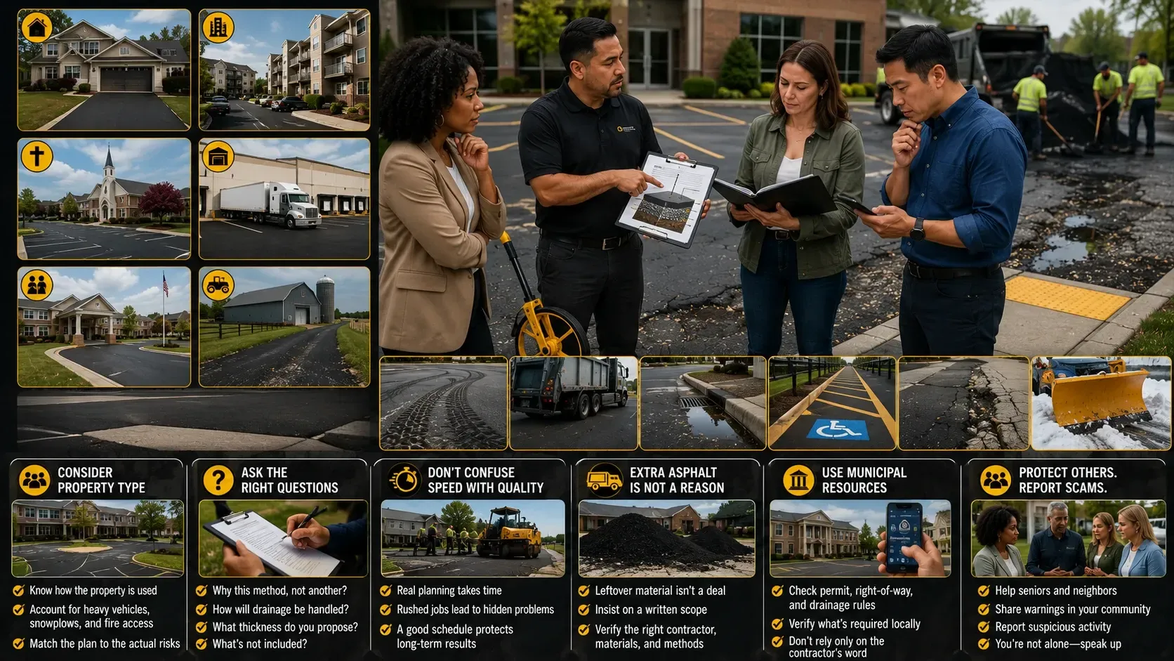 Wisconsin asphalt paving smart-hiring infographic showing six property types and six key hiring tips: consider property type, ask the right questions, don’t confuse speed with quality, extra asphalt is not a reason to hire, use municipal resources, and protect others by reporting scams.