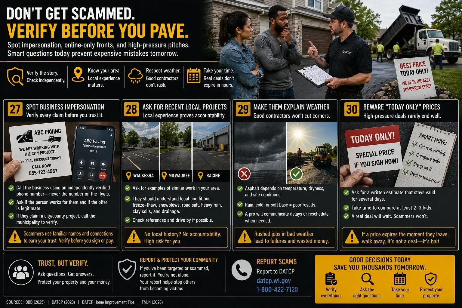 Public-safety infographic warning Southeast Wisconsin homeowners and business owners about paving contractor impersonation, fake “today only” pricing and high-pressure asphalt sales tactics, and urging them to verify companies independently, ask for recent local references and compare written estimates.