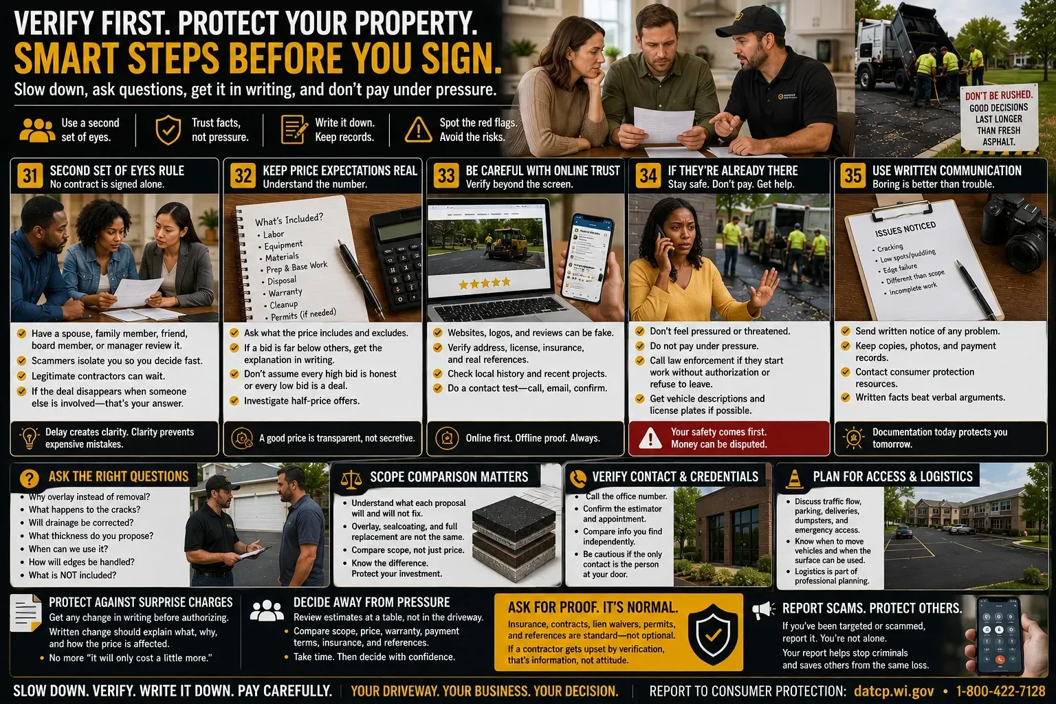Consumer-awareness infographic on verifying asphalt paving contractors before signing or paying: use a second set of eyes, compare written estimates, verify online information and credentials, avoid pressure from crews already on site, and document communication in writing.