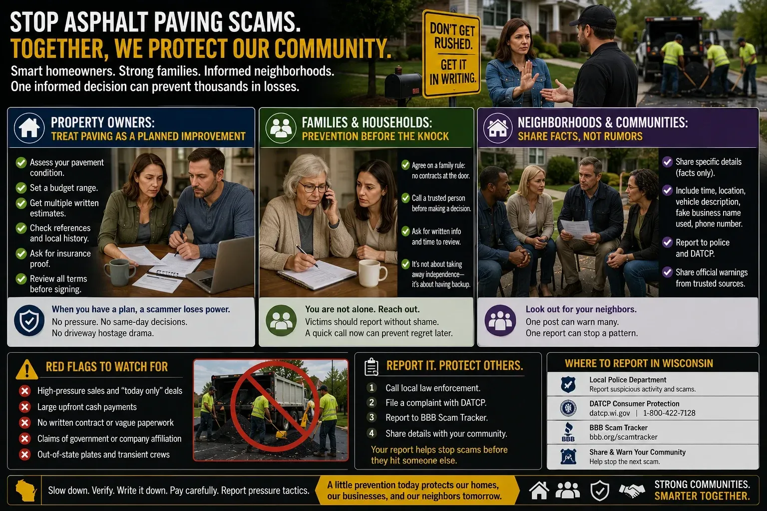 Community-focused public safety infographic on protecting homeowners, families and neighborhoods from asphalt paving scams: treat paving as a planned investment, set a family rule against same-day contractor decisions, share scam warnings with neighbors, and report suspicious crews to local police, DATCP and the BBB.