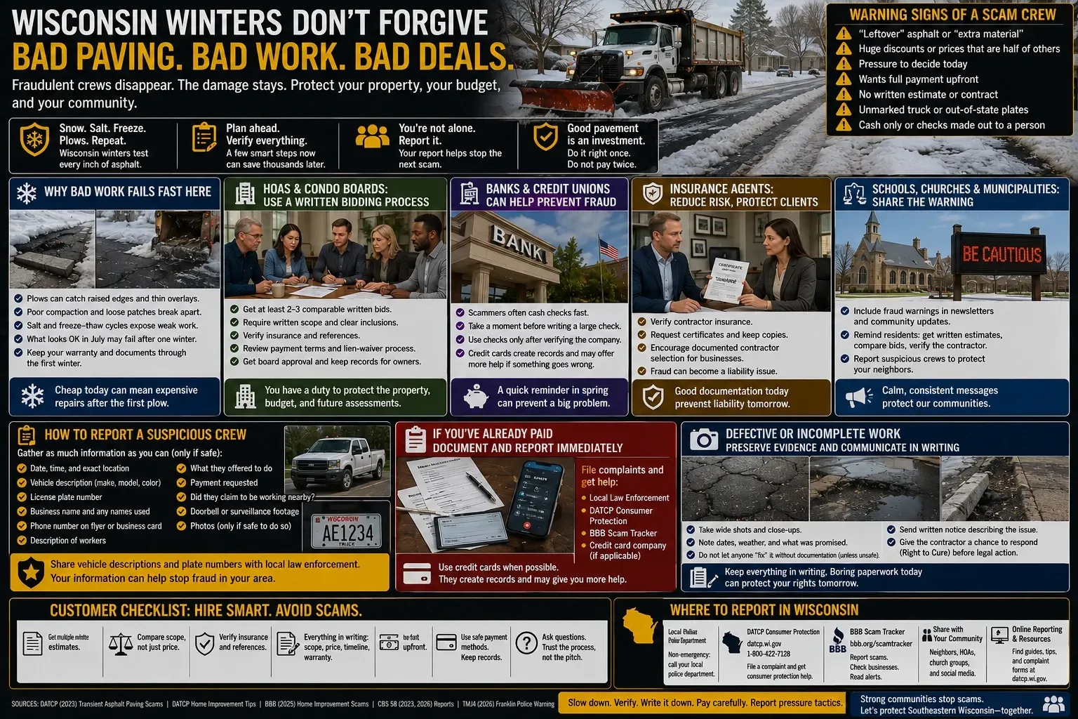 Infographic explaining why poor-quality asphalt paving fails quickly during Wisconsin winters — snowplows, freeze-thaw cycles and road salt — with a scam prevention checklist for homeowners, HOAs, condo boards, churches, schools, banks and local businesses.