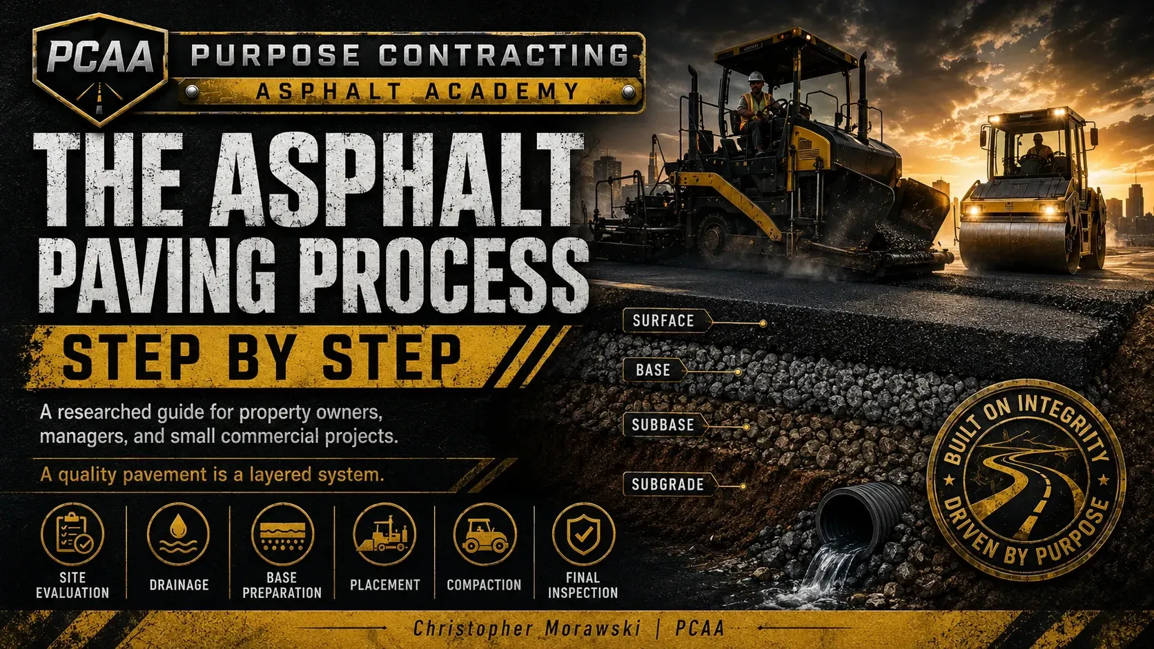 Cover image for The Asphalt Paving Process Step by Step, a researched guide from Purpose Contracting Asphalt Academy for property owners, managers, and small commercial projects. An asphalt paver and roller lay fresh blacktop on a parking lot while a foreman in a safety vest holds a paving checklist covering planning, drainage, base, placement, compaction, and inspection.