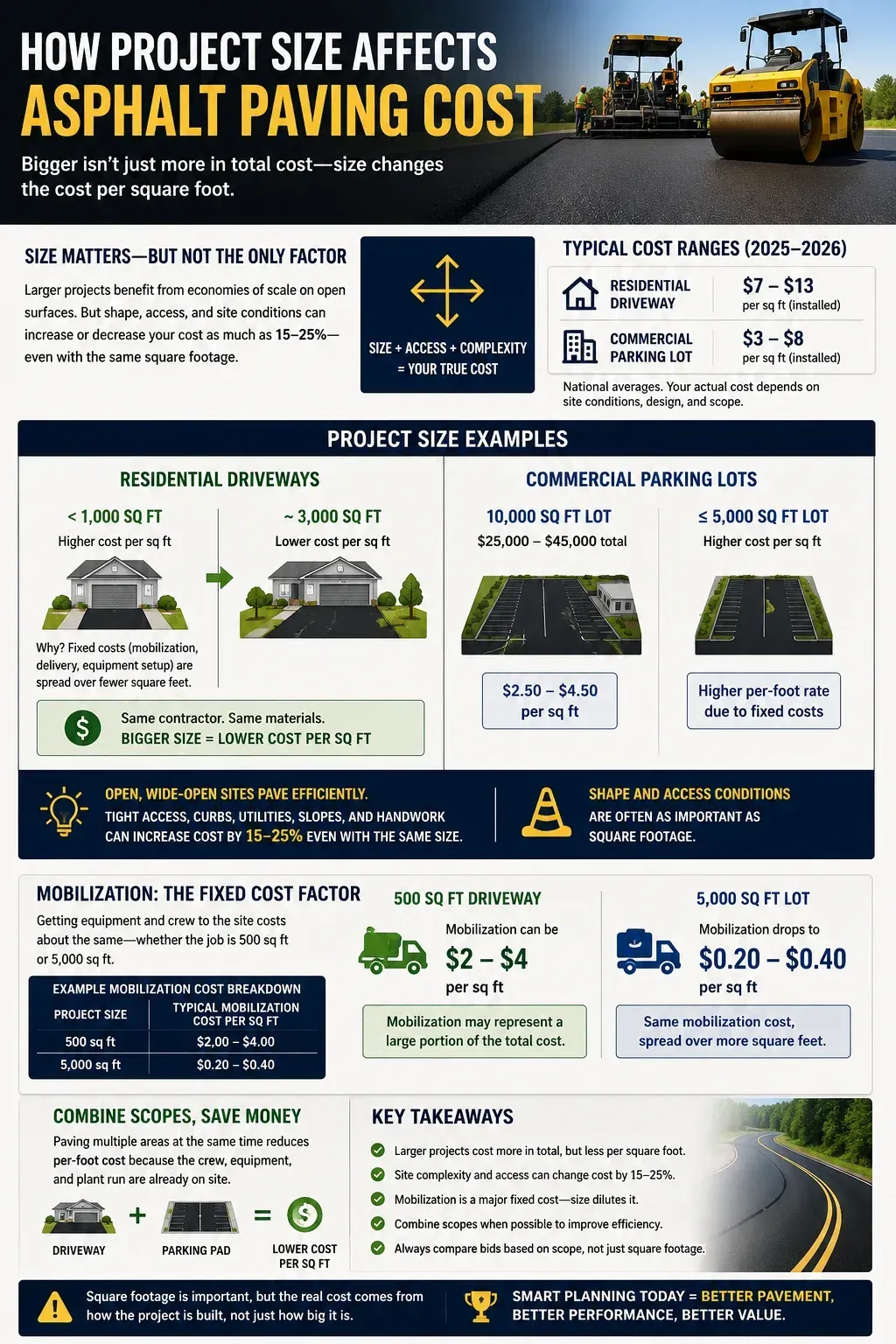 Infographic showing how project size affects asphalt paving cost per square foot — larger projects benefit from economies of scale with lower per-sq-ft rates, with cost examples ranging from small 500 sq ft driveways to 10,000+ sq ft commercial lots, and mobilization as a fixed cost that decreases per-foot on bigger jobs.