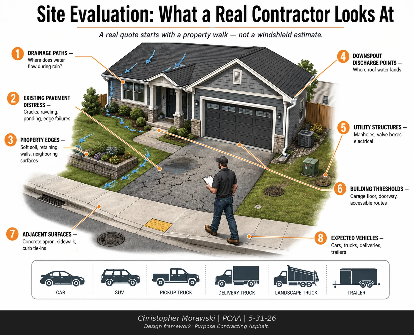 Site evaluation checklist showing the 8 things a real paving contractor inspects on a property.