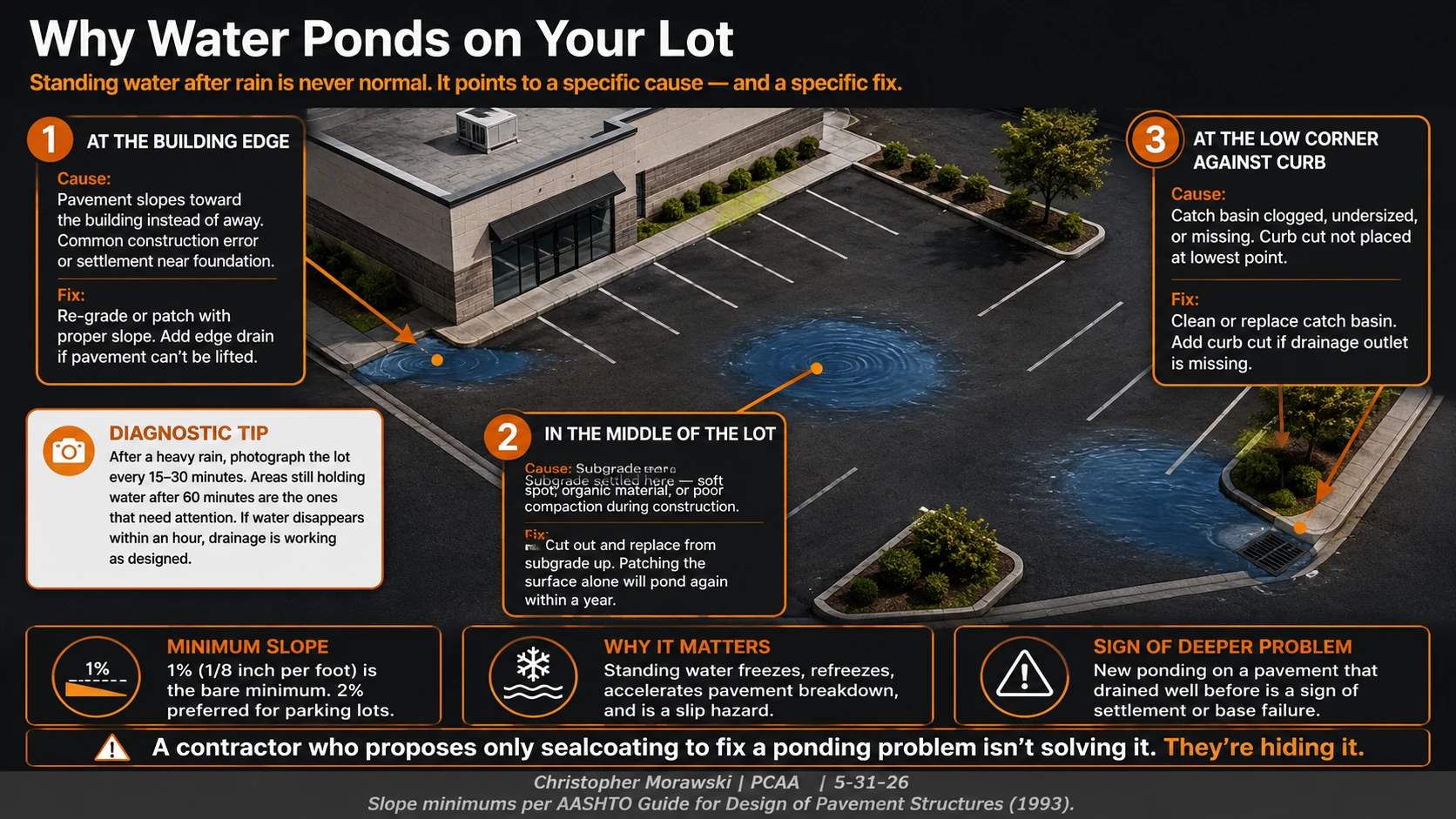 Why water ponds on a paved lot: ponding, birdbaths, downspout discharge, and water flow across the finished pavement.
