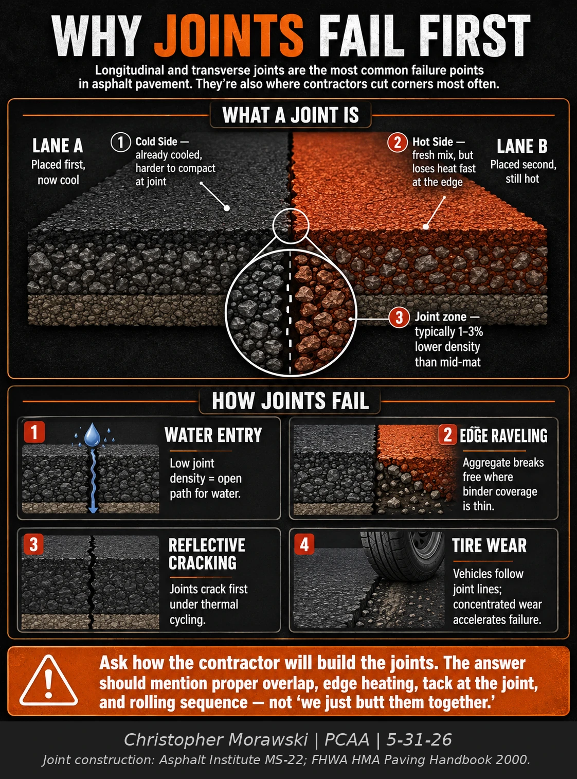 Why joints fail first: longitudinal joints, unconfined edges, and hand-compacted areas around garages and utility covers.