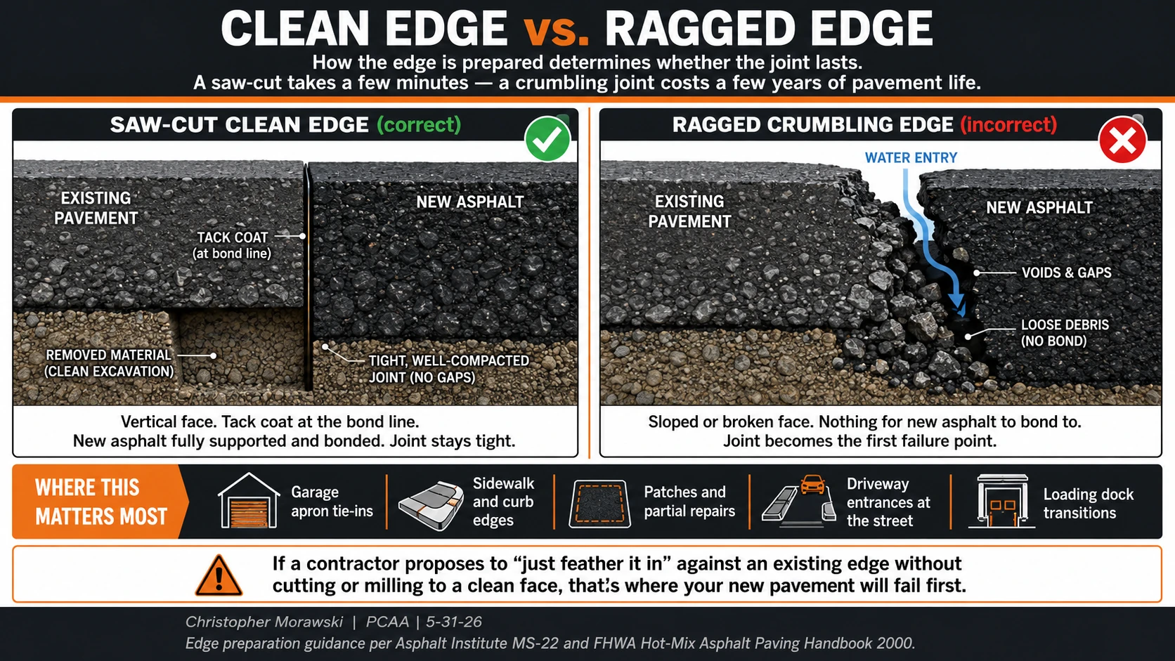 Saw-cut clean asphalt edge compared with a ragged pavement joint, showing tack coat, full-depth support, loose debris, gaps, and water entry.