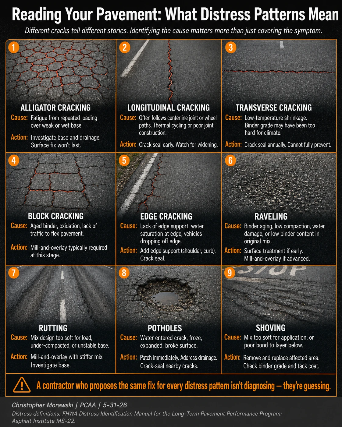 Reading your pavement: what distress patterns mean, including alligator cracking, edge raveling, potholes, subgrade pumping, ponding water, and frost heave.