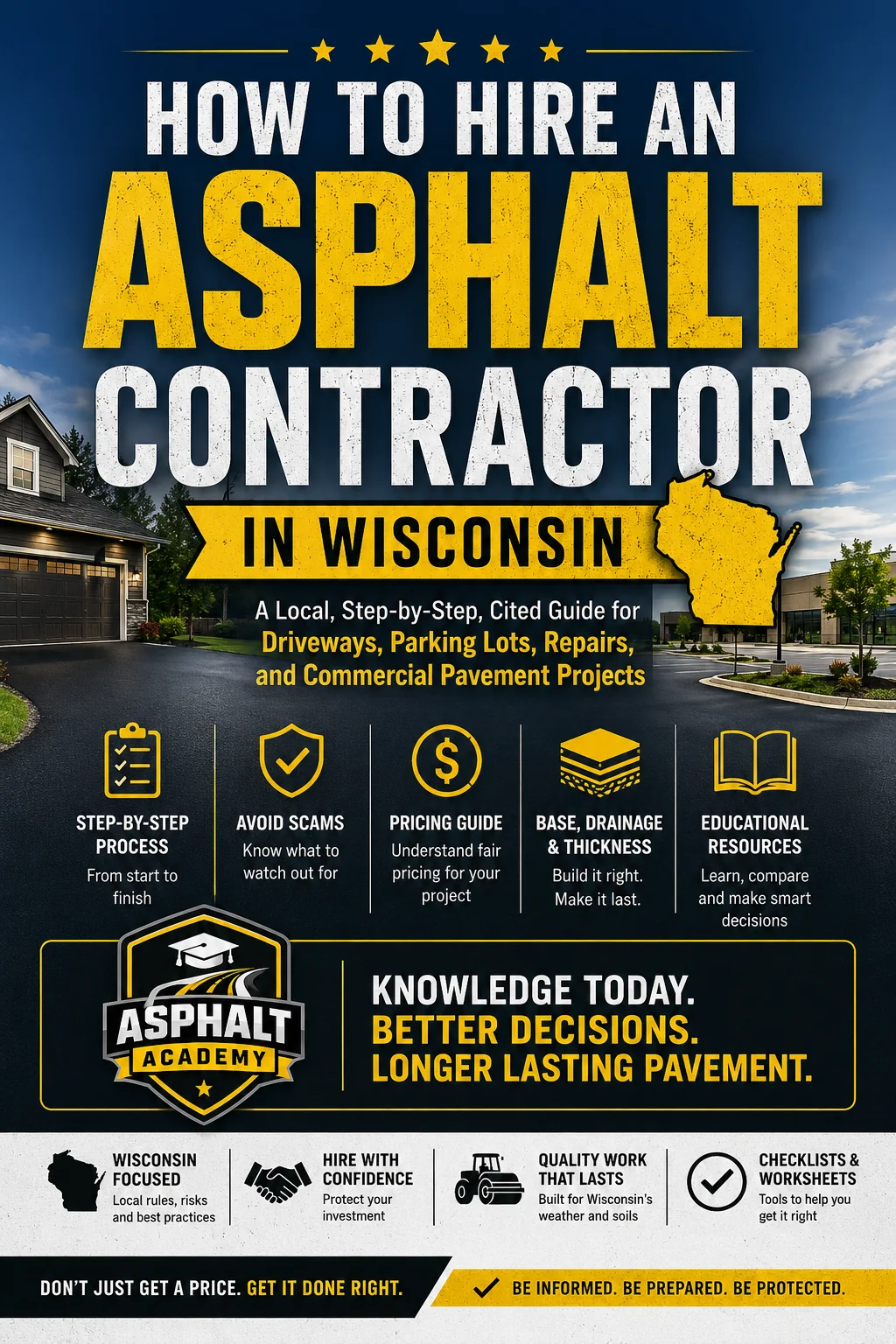 Asphalt Academy guide cover on how to hire an asphalt contractor in Wisconsin for driveways, parking lots and repairs, with cited sources for Muskego, WI property owners.