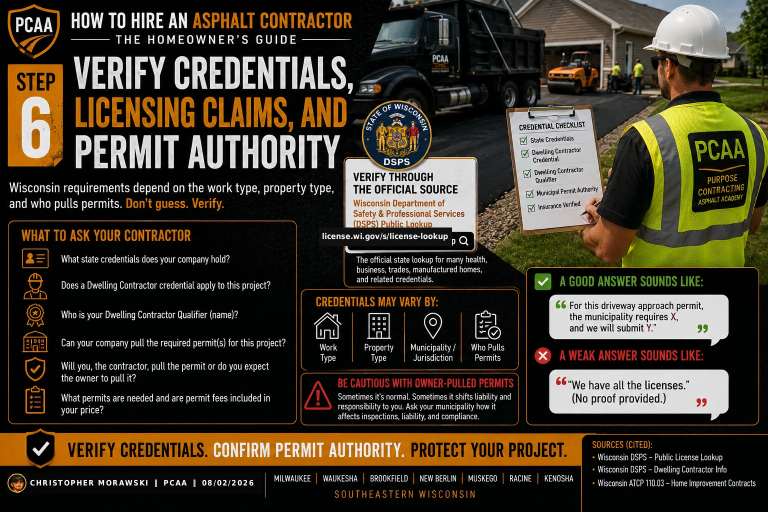 Step 6: verify contractor credentials and licensing — DSPS Dwelling Contractor certification versus municipal licensing.