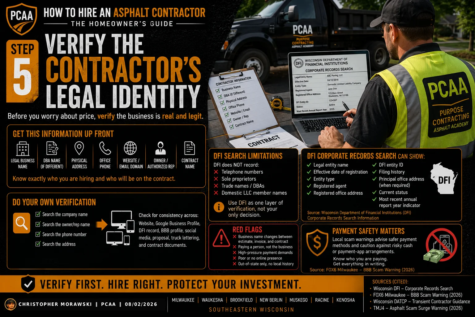 Step 5: verify the contractor’s legal identity — Wisconsin DFI corporate records search walkthrough.