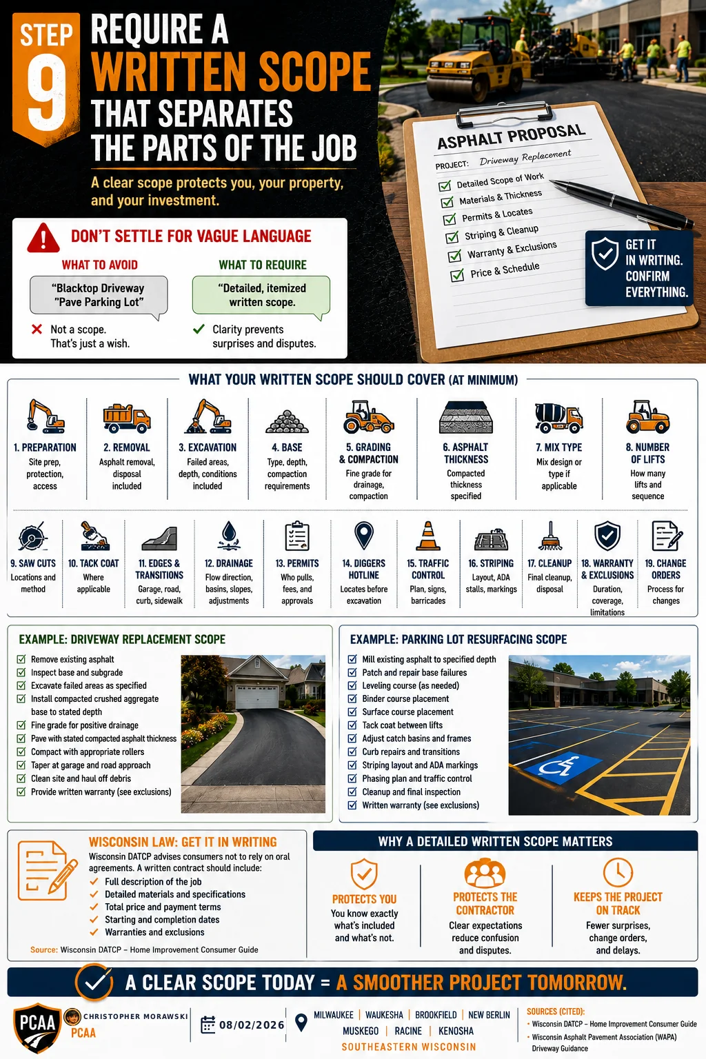 Step 9: written scope of work — checklist of what an asphalt proposal must itemize: base, thickness, drainage and exclusions.