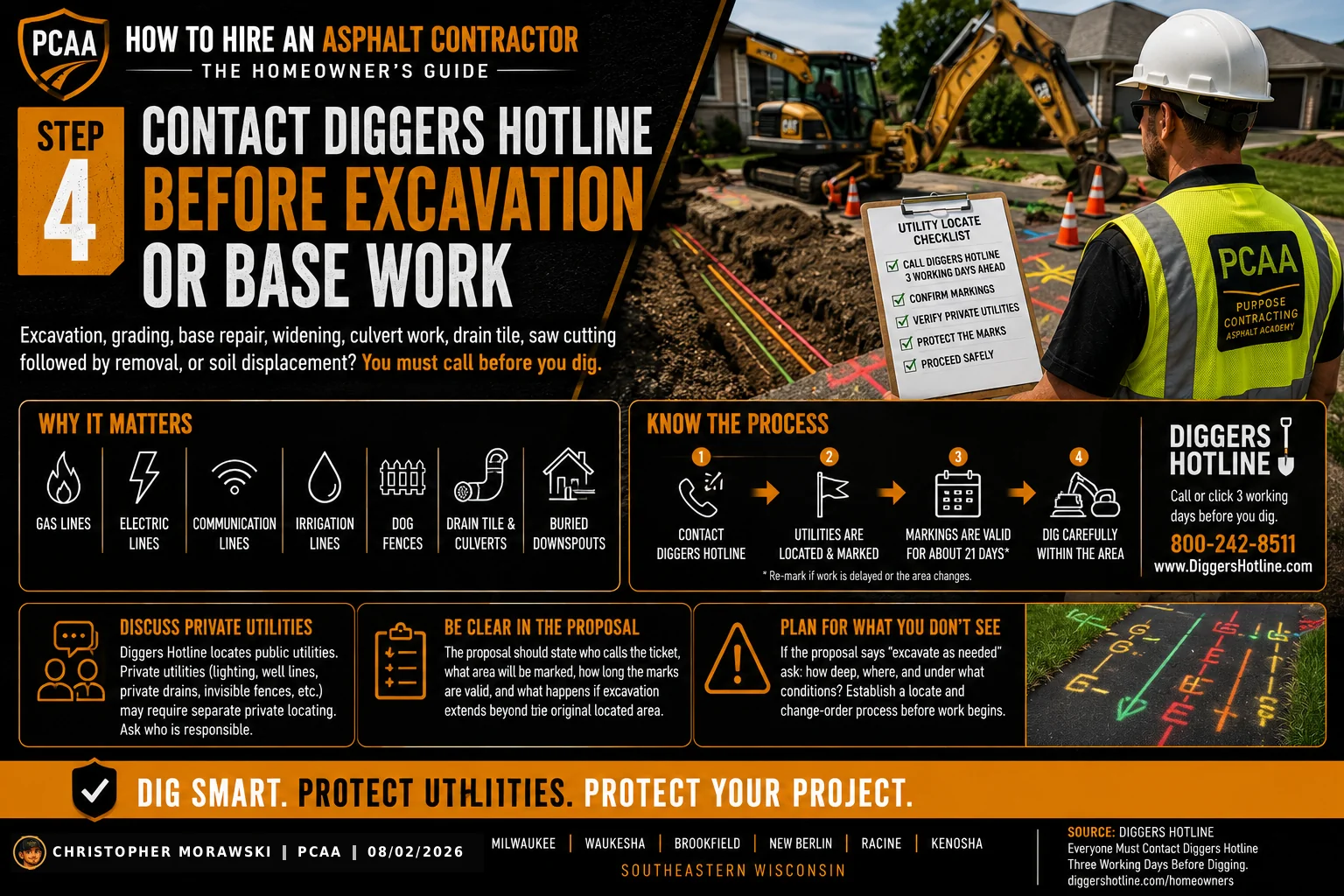 Step 4: call Diggers Hotline before excavation — the 811 timeline and tolerance-zone diagram for Wisconsin.