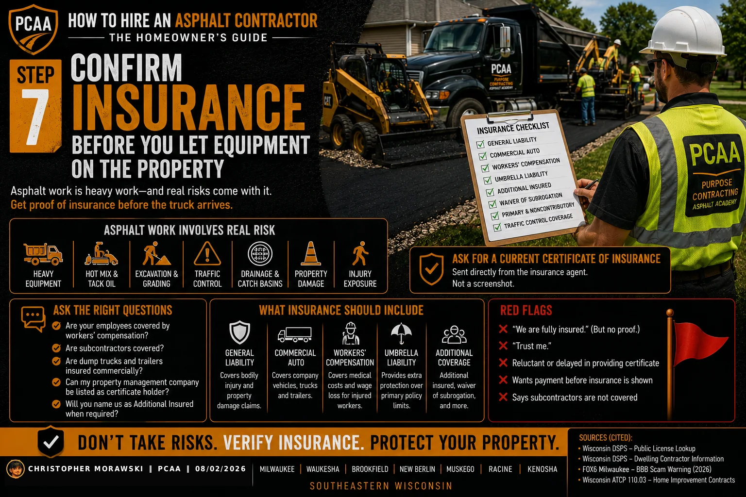 Step 7: confirm contractor insurance — certificate checklist for general liability, auto, workers’ compensation and additional-insured status.