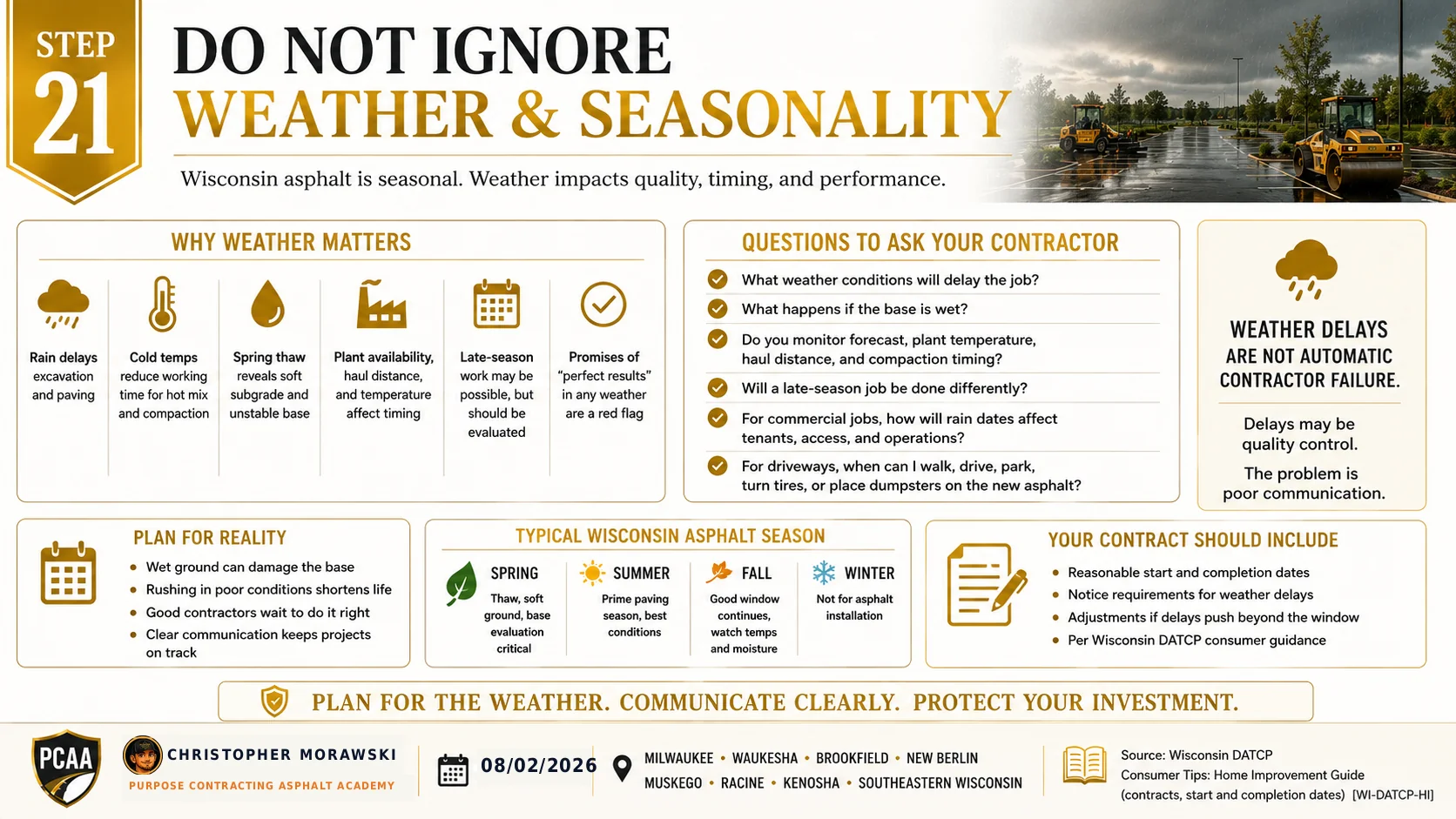Step 21: asphalt weather and seasonality — Wisconsin paving season calendar for the southern and northern zones.