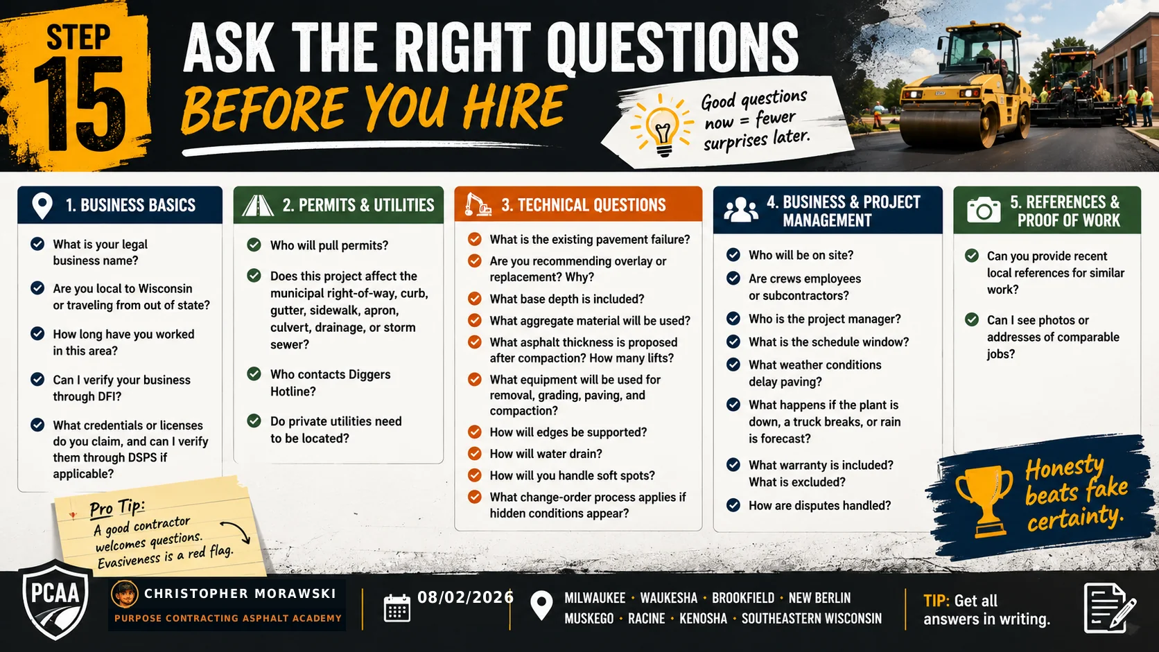 Step 15: questions to ask before hiring an asphalt contractor — business, technical and operations checklist.