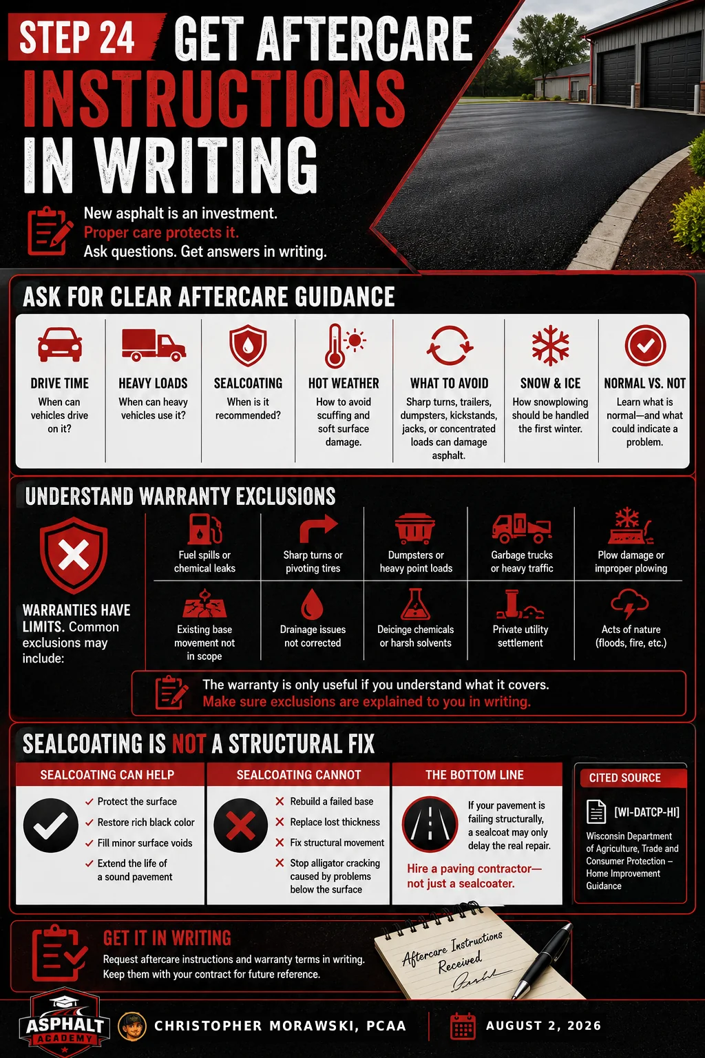 Step 24: asphalt aftercare — cure time, sealcoat timing and warranty exclusions.