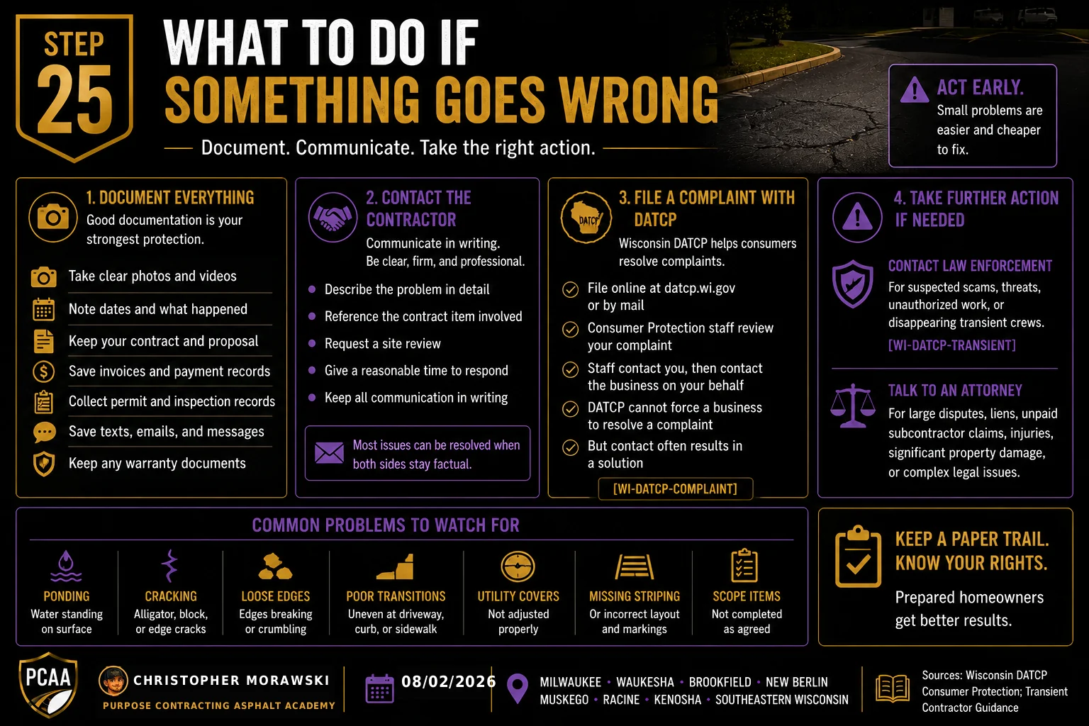 Step 25: what to do if something goes wrong — dispute escalation path from the contractor to DATCP, small claims and an attorney.