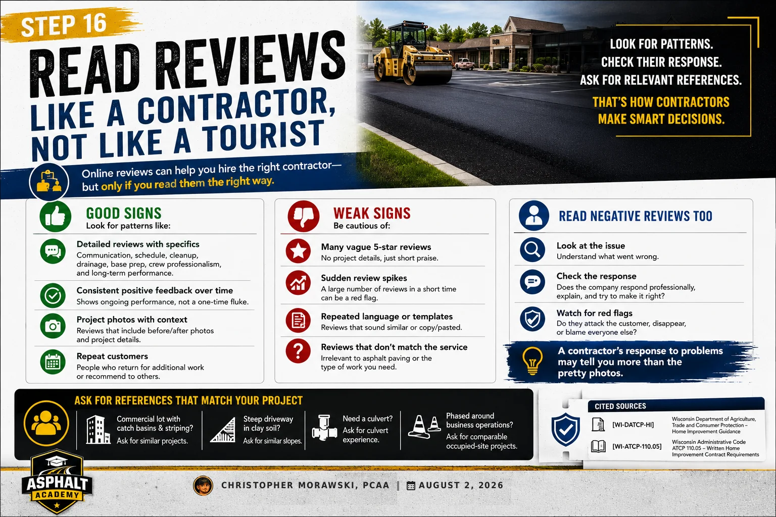 Step 16: how to read contractor reviews — strong-signal versus weak-signal review patterns.