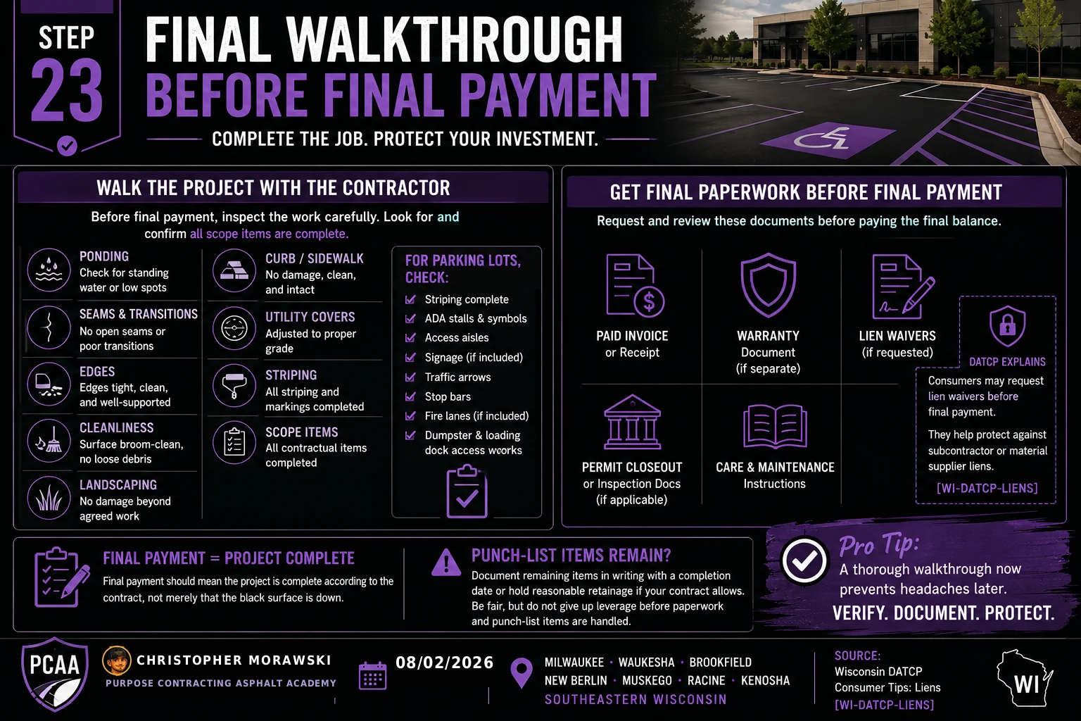 Step 23: final walkthrough before final payment — punch-list checklist.