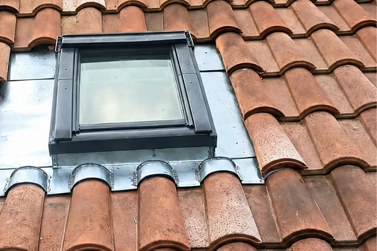 Fenêtre de toit avec entourage en zinc sur mesure sur toiture en tuiles romanes à Briscous par 2C Couvreur Bayonne
