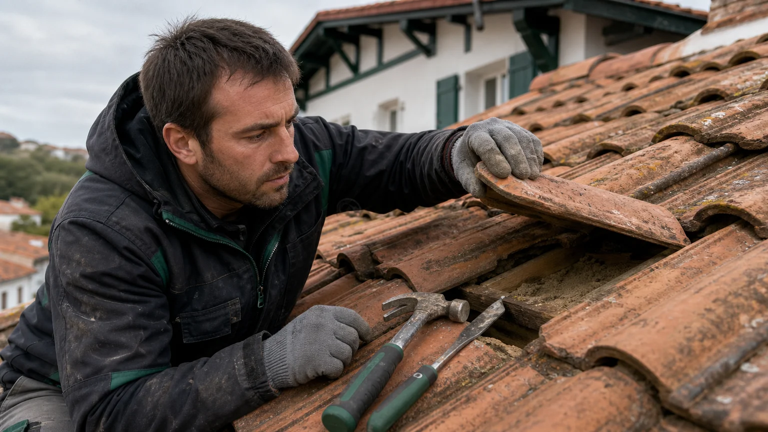 Couvreur vérifiant l’état de tuiles en terre cuite avant un traitement hydrofuge coloré